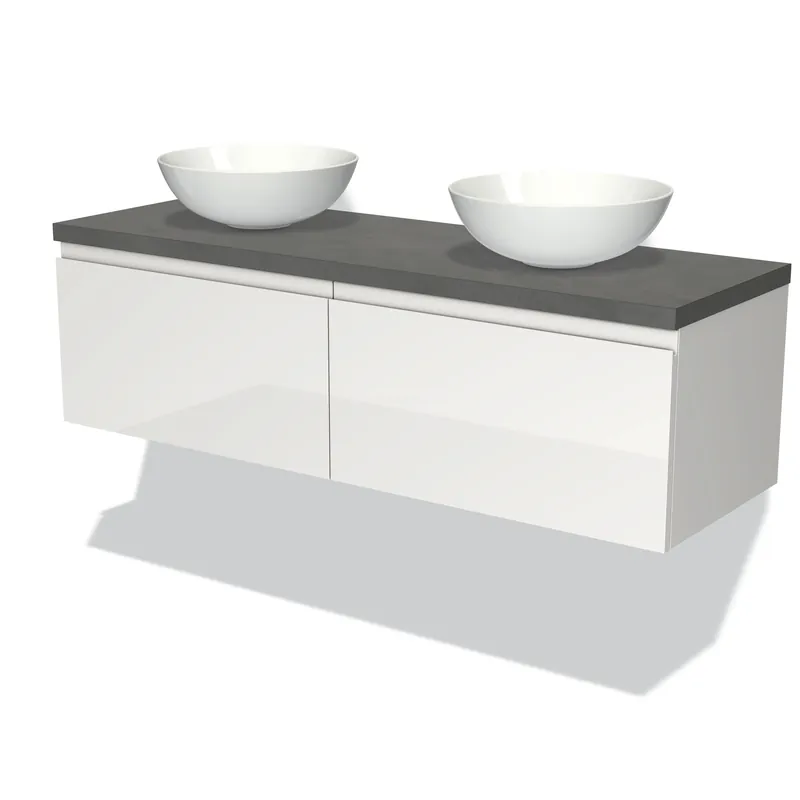 Ambachtelijk Modulo Plato Badkamermeubel voor waskom | 140 cm Hoogglans wit Greeploos front Donkergrijs beton blad 2 lades naast elkaar