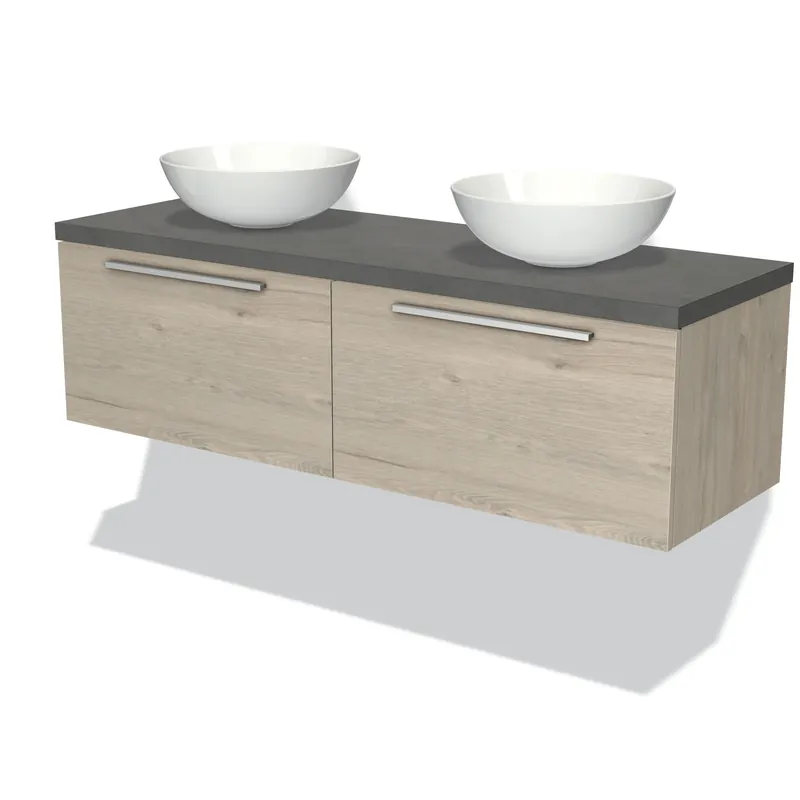 Nieuwe Collectie Modulo Plato Badkamermeubel voor waskom | 140 cm Lichtgrijs eiken Vlak front Donkergrijs beton blad 2 lades naast elkaar