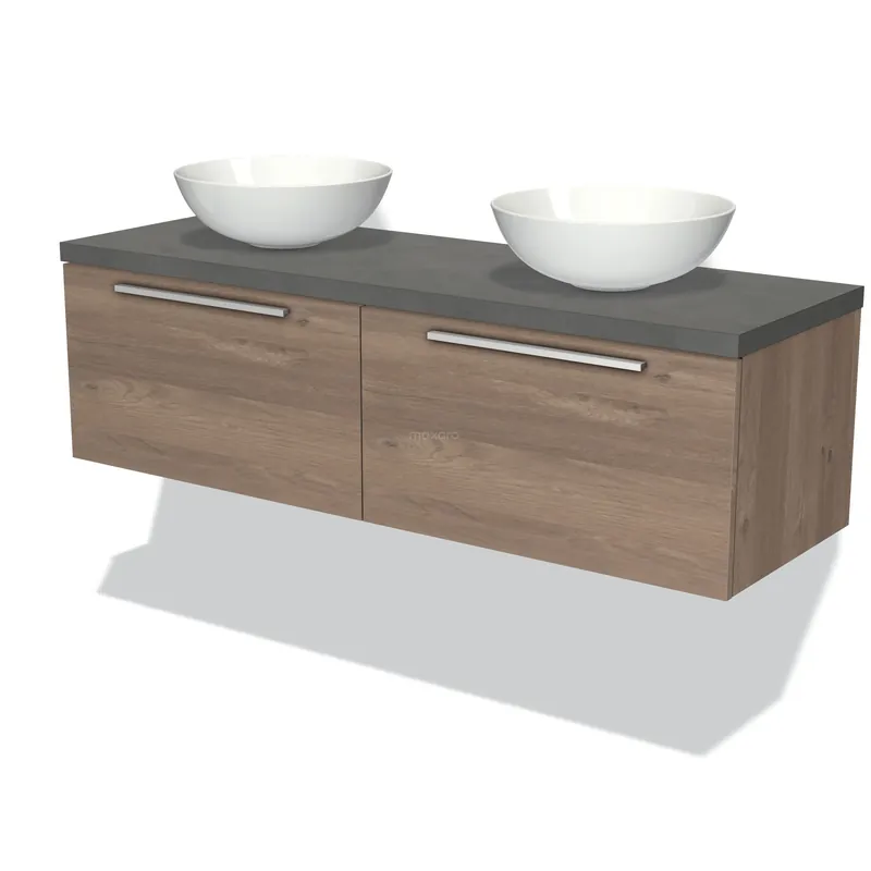 Modulo Plato Badkamermeubel voor waskom | 140 cm Middenbruin eiken Vlak front Donkergrijs beton blad 2 lades naast elkaar Direct Beschikbaar