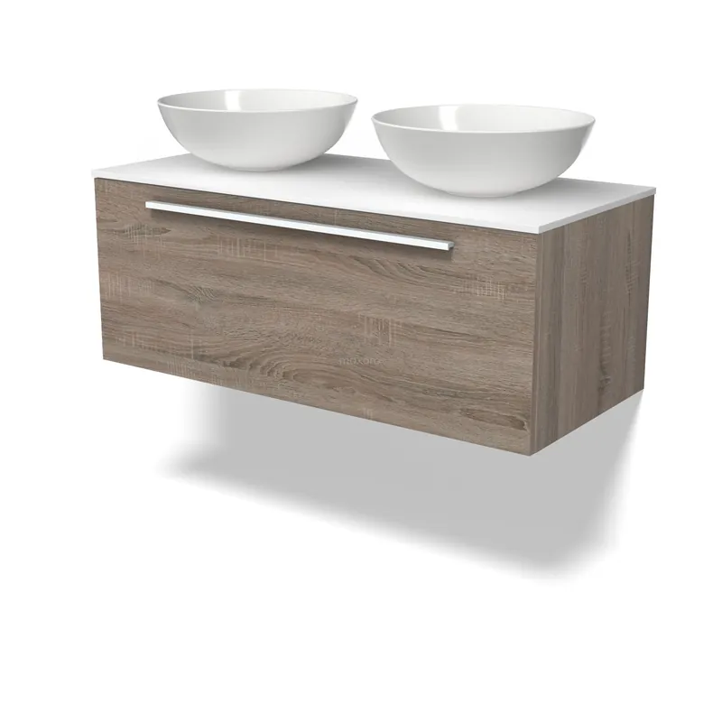 Modulo Plato Badkamermeubel voor waskom | 100 cm Eiken Vlak front Solid surface blad 1 lade Modern