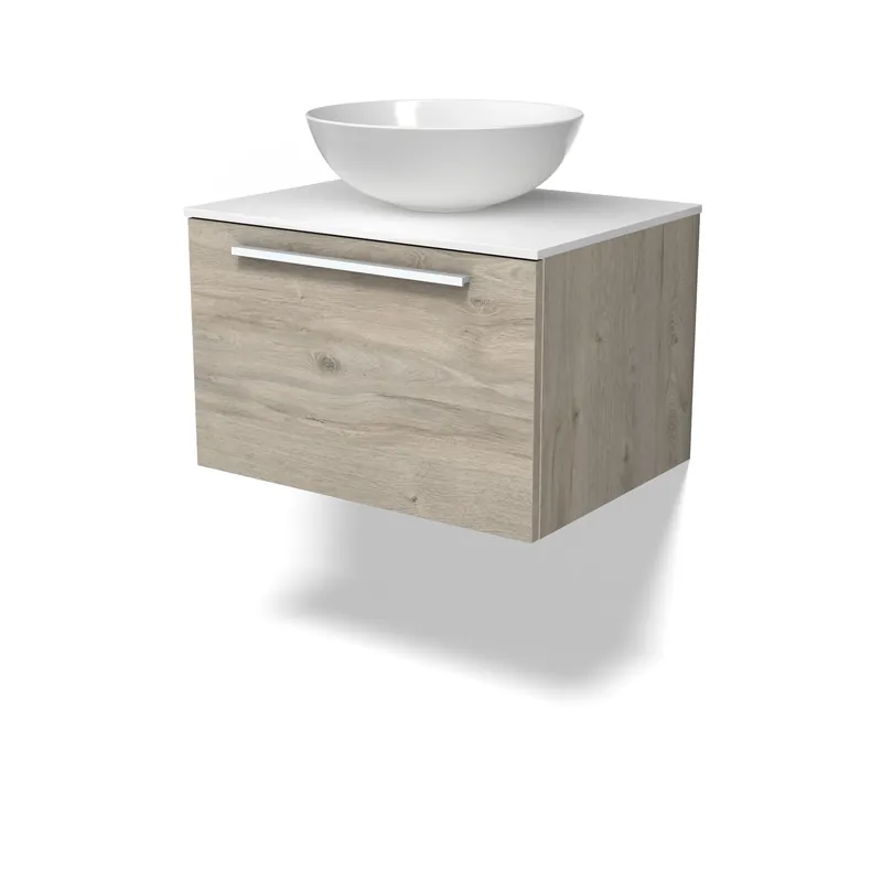 Modulo Plato Badkamermeubel voor waskom | 60 cm Lichtgrijs eiken Vlak front Solid surface blad 1 lade Nieuw