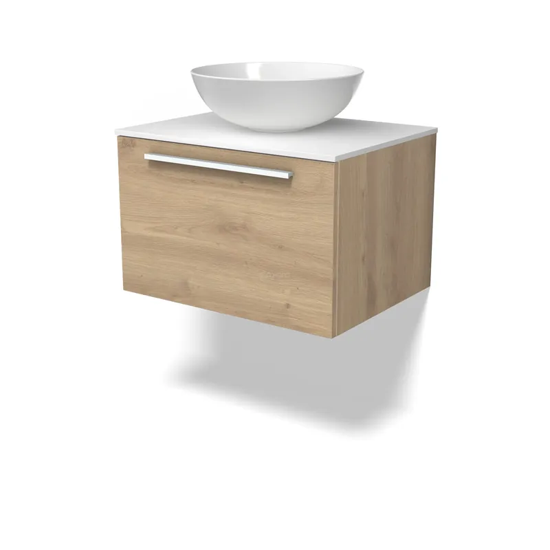 Beste Prijs Modulo Plato Badkamermeubel voor waskom | 60 cm Lichtbruin eiken Vlak front Solid surface blad 1 lade