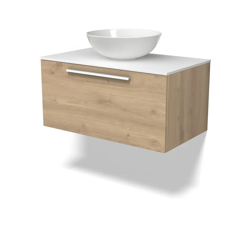 Modulo Plato Badkamermeubel voor waskom | 80 cm Lichtbruin eiken Vlak front Solid surface blad 1 lade Hoge Kwaliteit