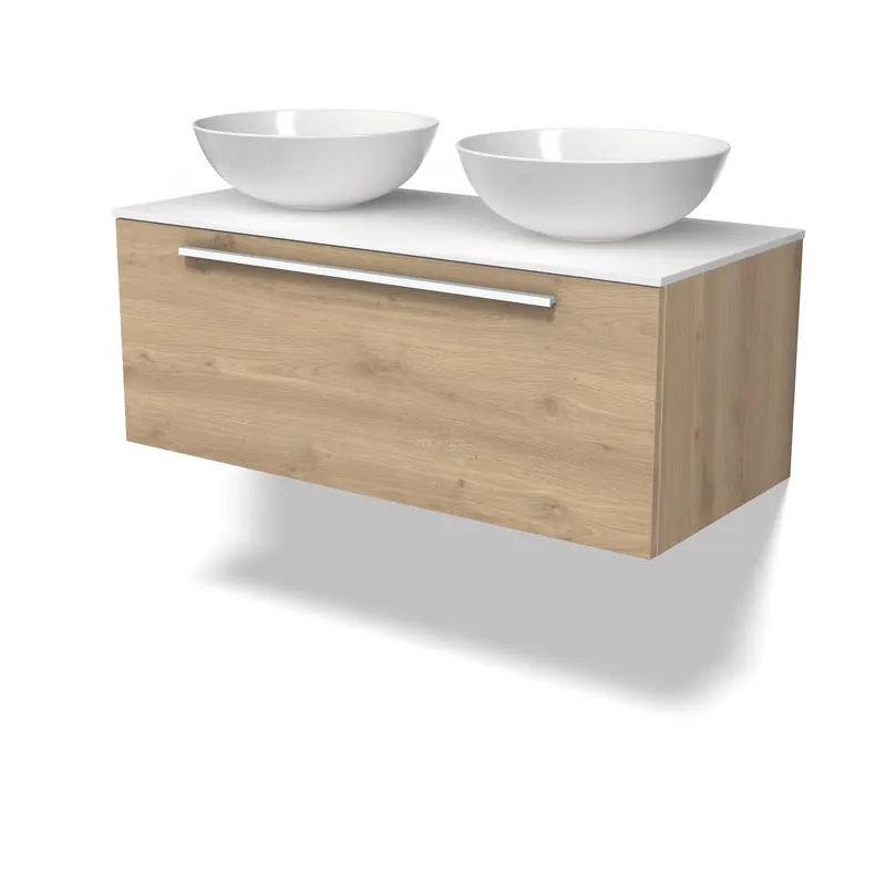 Alleen Vandaag Modulo Plato Badkamermeubel voor waskom | 100 cm Lichtbruin eiken Vlak front Solid surface blad 1 lade