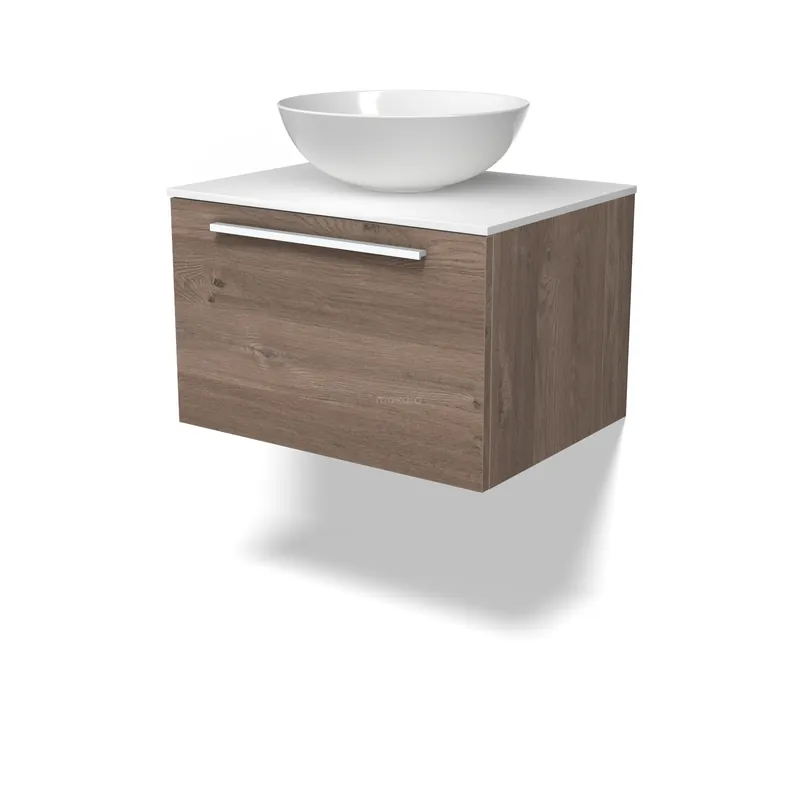 Ambachtelijk Modulo Plato Badkamermeubel voor waskom | 60 cm Middenbruin eiken Vlak front Solid surface blad 1 lade
