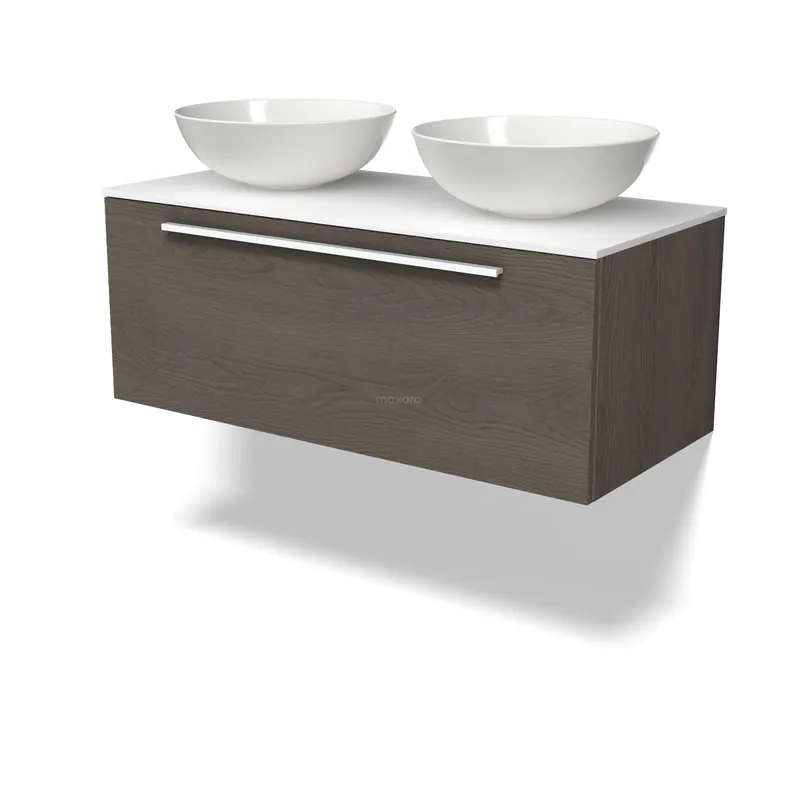Aanbieding Modulo Plato Badkamermeubel voor waskom | 100 cm Donkerbruin eiken Vlak front Solid surface blad 1 lade
