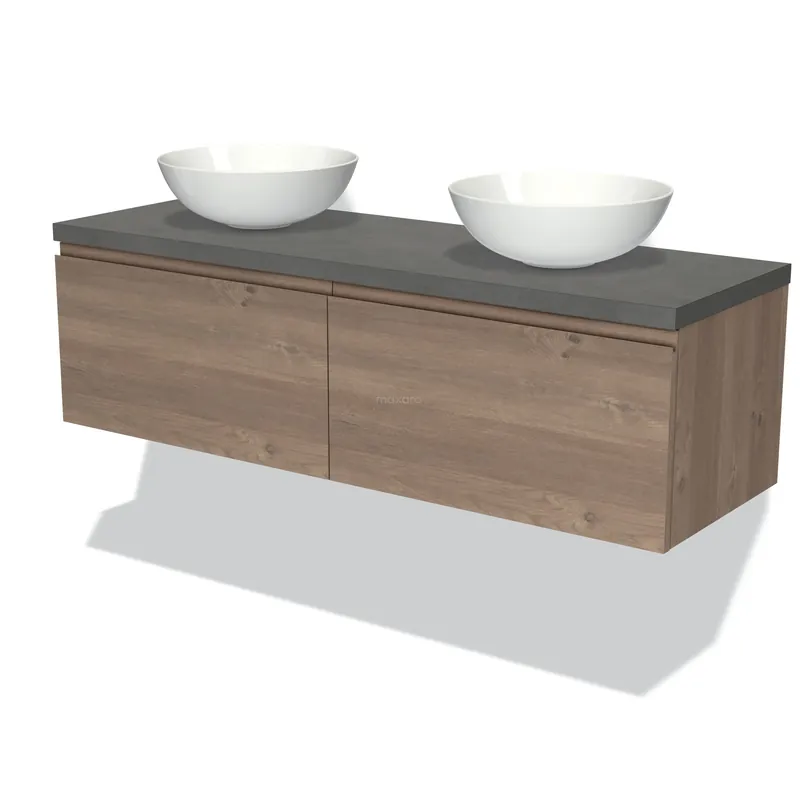 Trendy Modulo Plato Badkamermeubel voor waskom | 140 cm Middenbruin eiken Greeploos front Donkergrijs beton blad 2 lades naast elkaar
