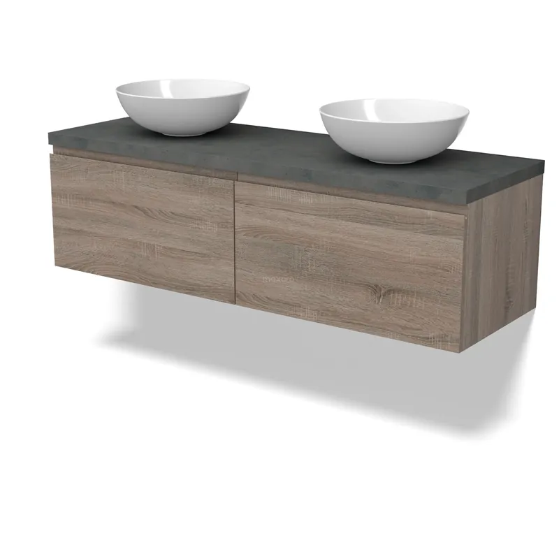 Modulo Plato Badkamermeubel voor waskom | 140 cm Eiken Greeploos front Donkergrijs beton blad 2 lades naast elkaar Bulkbestelling