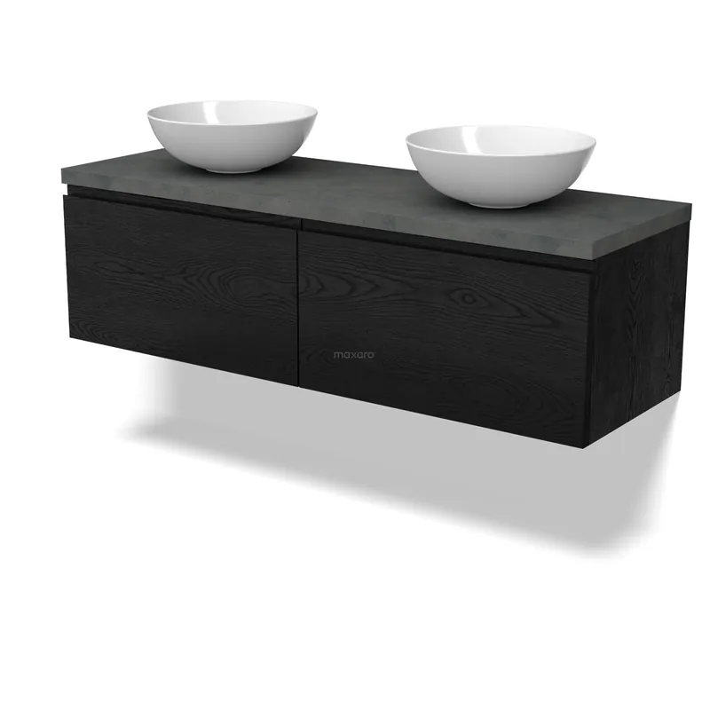 Koopje Modulo Plato Badkamermeubel voor waskom | 140 cm Zwart eiken Greeploos front Donkergrijs beton blad 2 lades naast elkaar