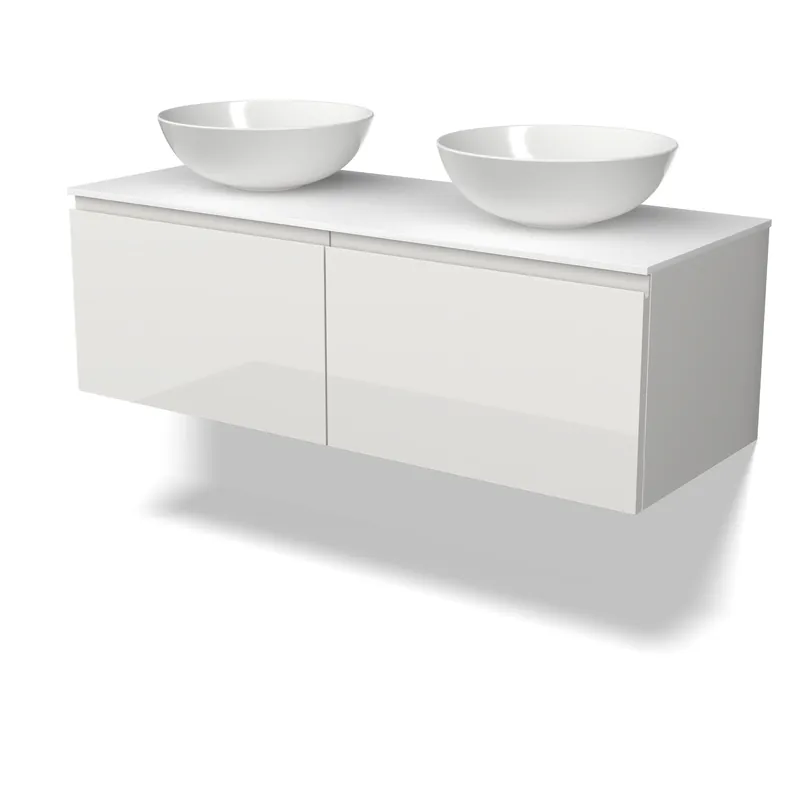 Weekendaanbieding Modulo Plato Badkamermeubel voor waskom | 120 cm Hoogglans wit Greeploos front Solid surface blad 2 lades naast elkaar