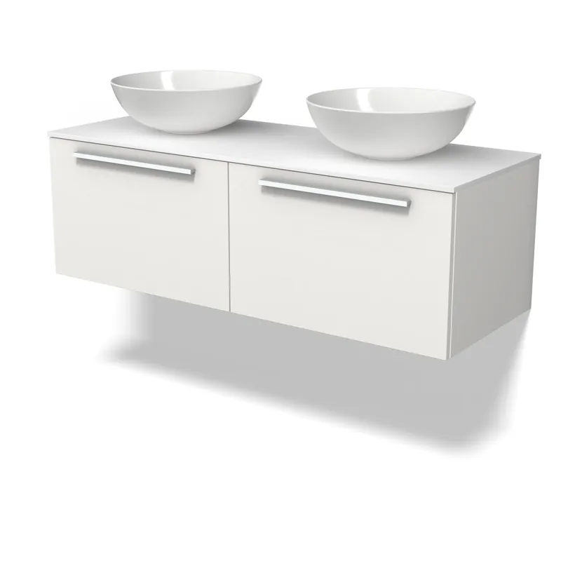Modulo Plato Badkamermeubel voor waskom | 120 cm Mat wit Vlak front Solid surface blad 2 lades naast elkaar Nieuwe Collectie