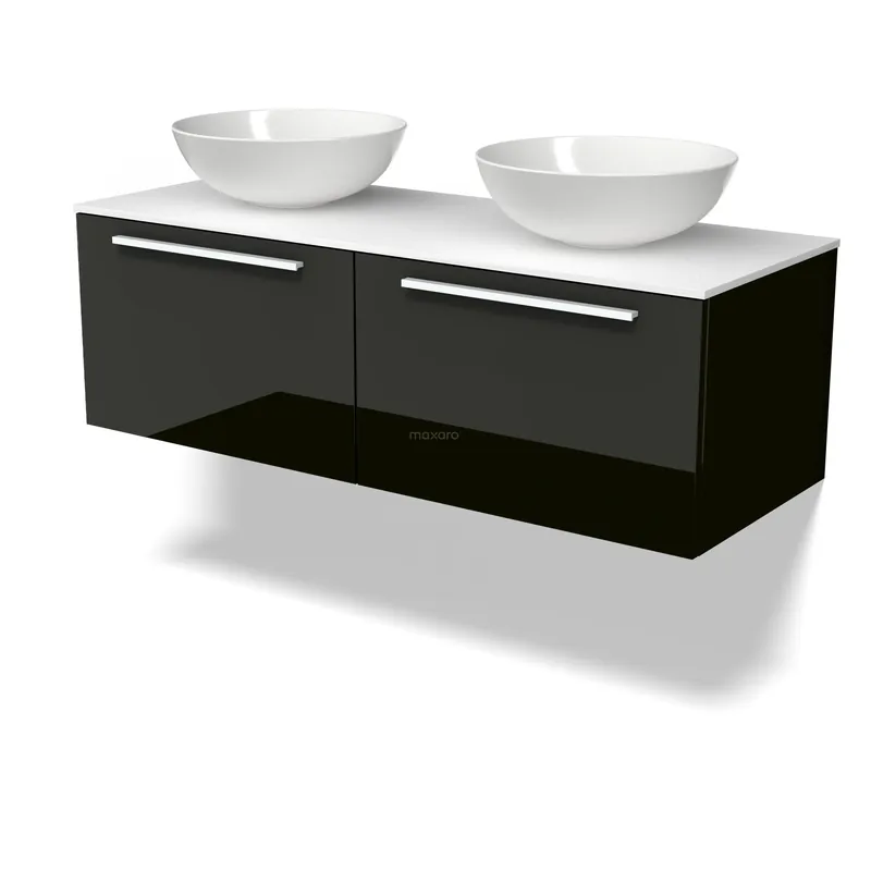 Wereldwijde Verzending Modulo Plato Badkamermeubel voor waskom | 120 cm Hoogglans zwart Vlak front Solid surface blad 2 lades naast elkaar