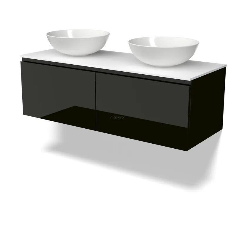 Hete Deal Modulo Plato Badkamermeubel voor waskom | 120 cm Hoogglans zwart Greeploos front Solid surface blad 2 lades naast elkaar