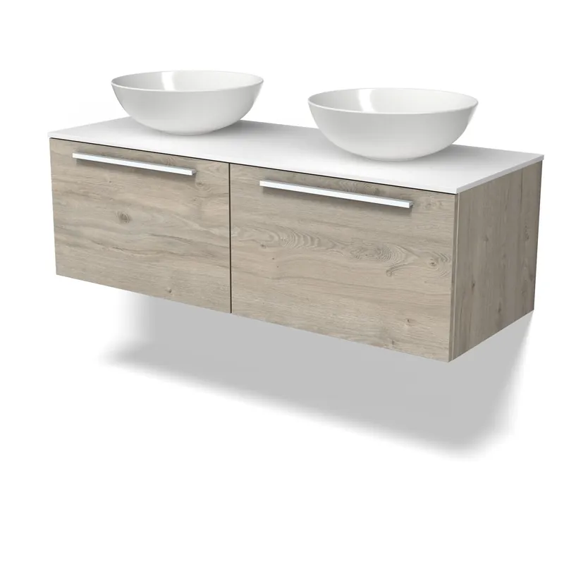 Favoriet Modulo Plato Badkamermeubel voor waskom | 120 cm Lichtgrijs eiken Vlak front Solid surface blad 2 lades naast elkaar