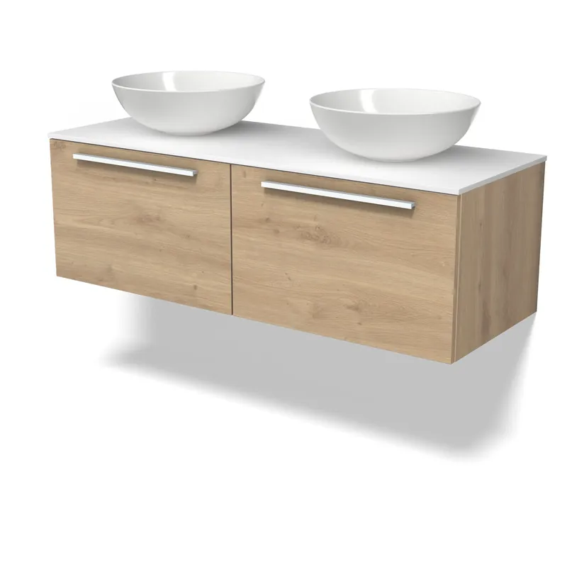 Modulo Plato Badkamermeubel voor waskom | 120 cm Lichtbruin eiken Vlak front Solid surface blad 2 lades naast elkaar Authentiek