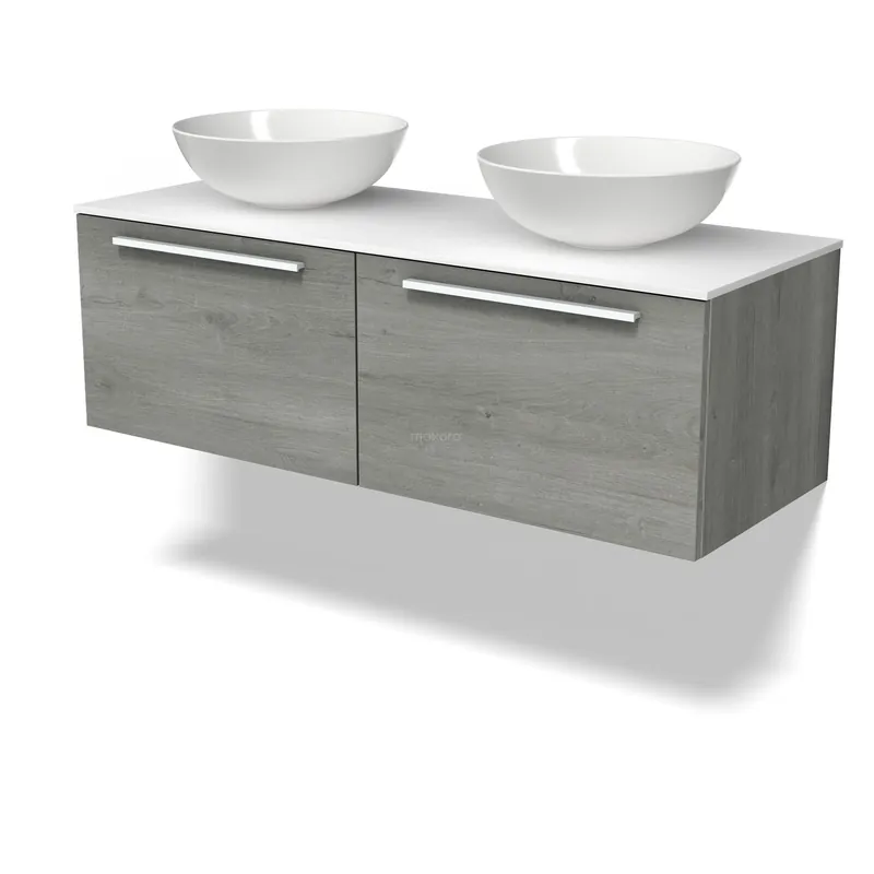 Modulo Plato Badkamermeubel voor waskom | 120 cm Grijs eiken Vlak front Solid surface blad 2 lades naast elkaar Uitverkoop