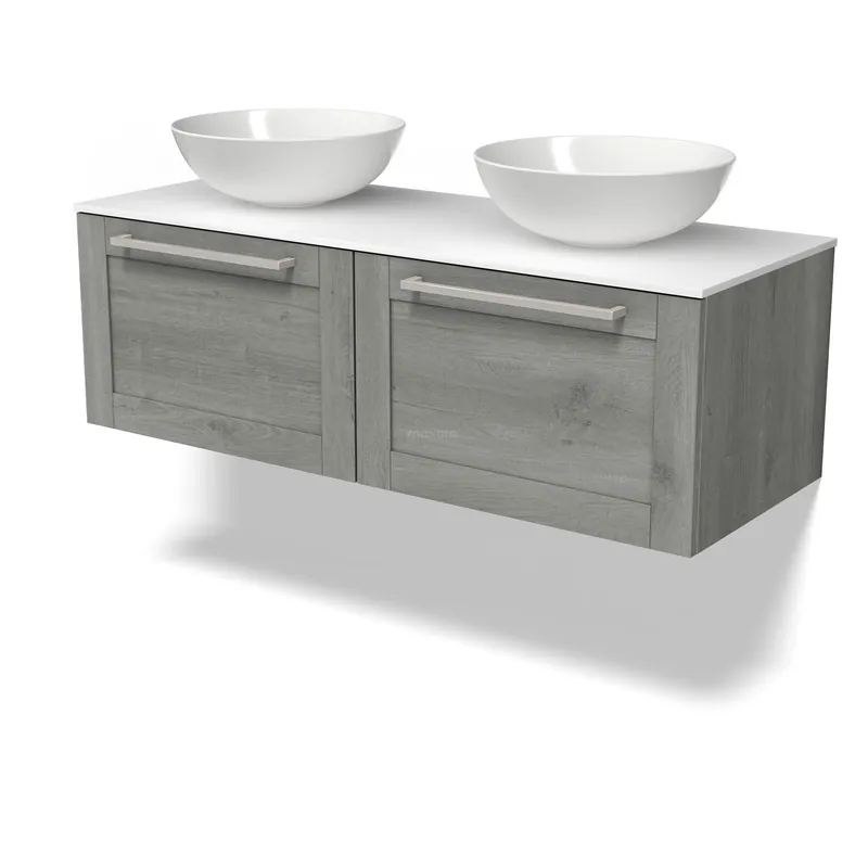 Professioneel Modulo Plato Badkamermeubel voor waskom | 120 cm Grijs eiken Kader front Solid surface blad 2 lades naast elkaar