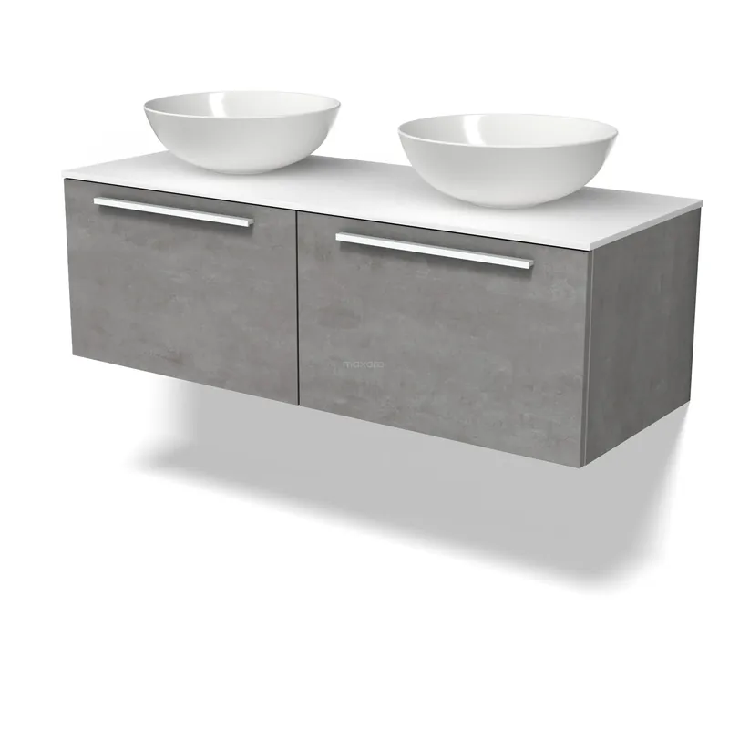 Direct Beschikbaar Modulo Plato Badkamermeubel voor waskom | 120 cm Lichtgrijs beton Vlak front Solid surface blad 2 lades naast elkaar
