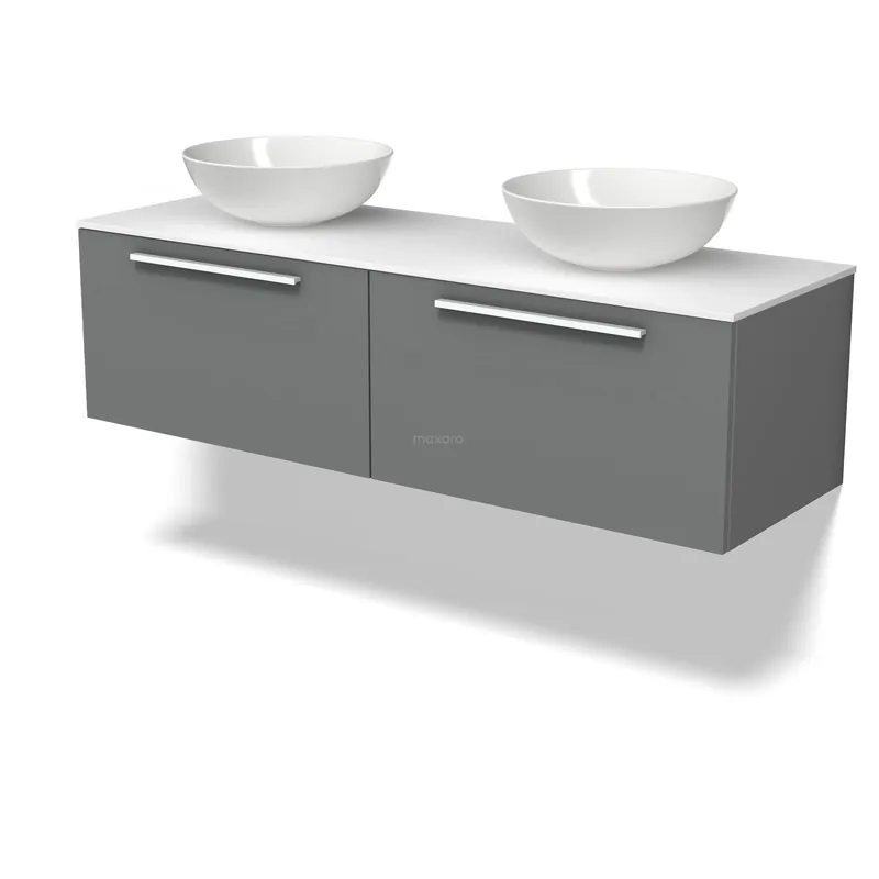 Modulo Plato Badkamermeubel voor waskom | 140 cm Middengrijs Vlak front Solid surface blad 2 lades naast elkaar Modern