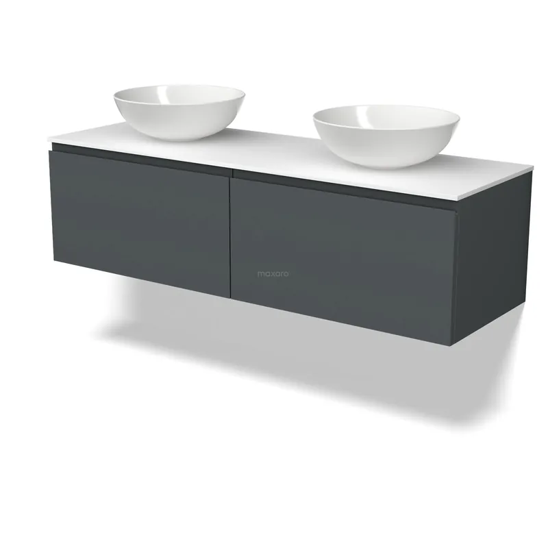 Modulo Plato Badkamermeubel voor waskom | 140 cm Donkergrijs Greeploos front Solid surface blad 2 lades naast elkaar Speciale Aanbieding