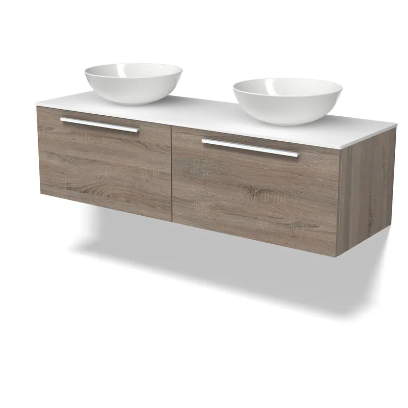 Ambachtelijk Modulo Plato Badkamermeubel voor waskom | 140 cm Eiken Vlak front Solid surface blad 2 lades naast elkaar