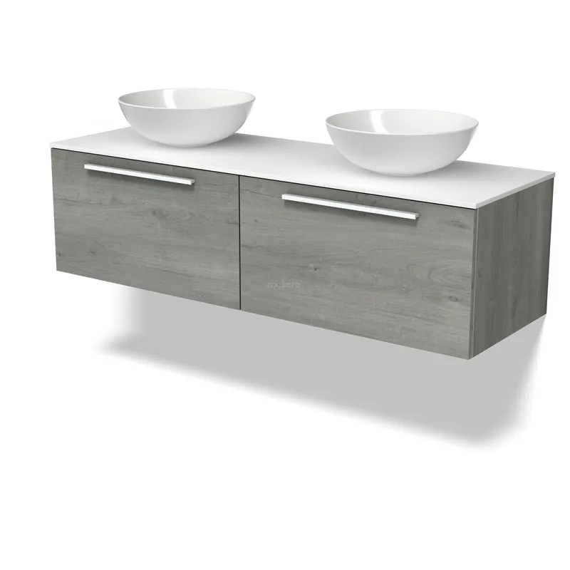 Op = Op Modulo Plato Badkamermeubel voor waskom | 140 cm Grijs eiken Vlak front Solid surface blad 2 lades naast elkaar
