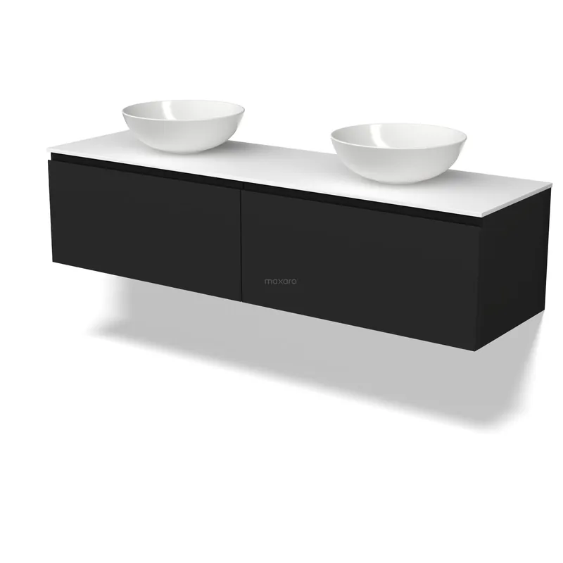 Modulo Plato Badkamermeubel voor waskom | 160 cm Mat zwart Greeploos front Solid surface blad 2 lades naast elkaar Koop Online