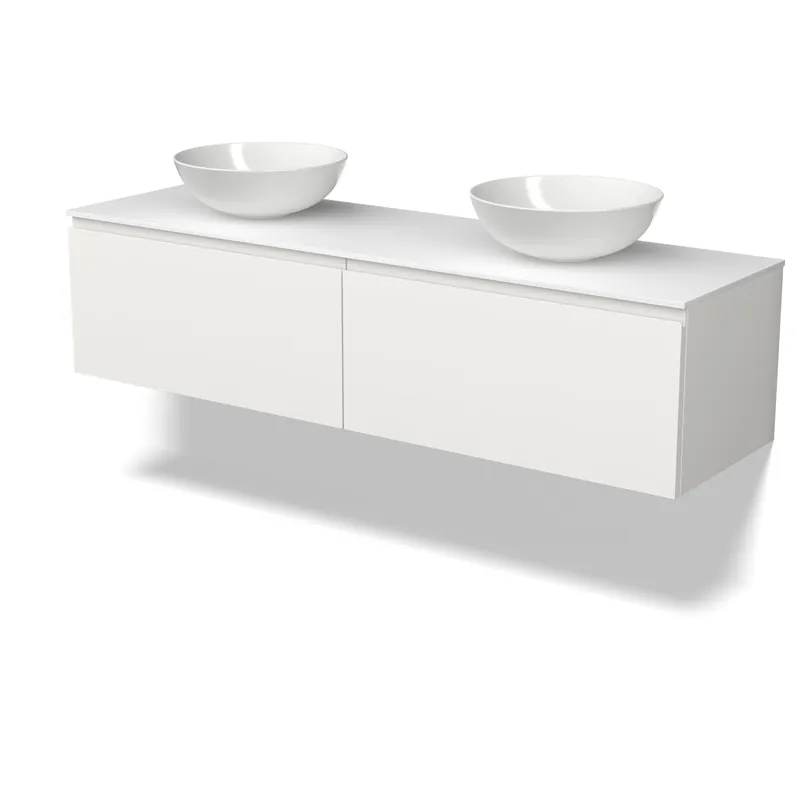 Modulo Plato Badkamermeubel voor waskom | 160 cm Mat wit Greeploos front Solid surface blad 2 lades naast elkaar Superprijs