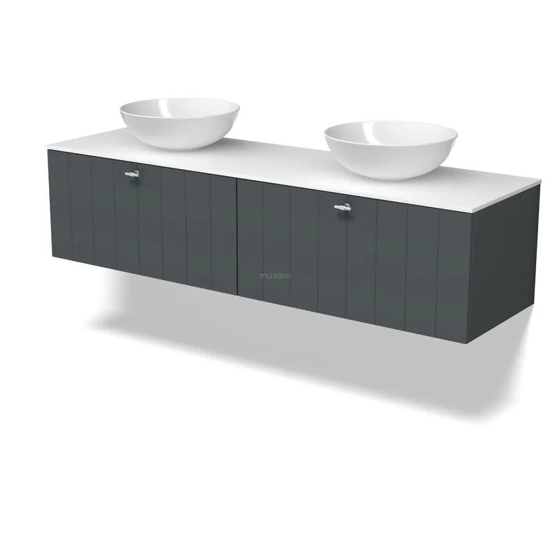 Snelle Levering Modulo Plato Badkamermeubel voor waskom | 160 cm Donkergrijs Lamel front Solid surface blad 2 lades naast elkaar