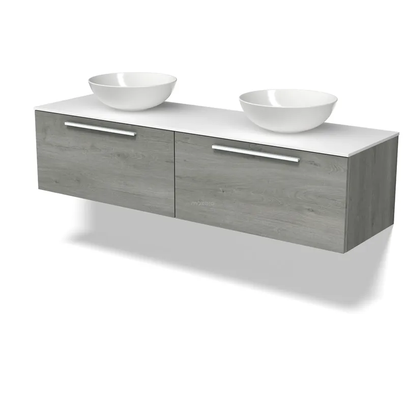 Modulo Plato Badkamermeubel voor waskom | 160 cm Grijs eiken Vlak front Solid surface blad 2 lades naast elkaar Garantie Inbegrepen