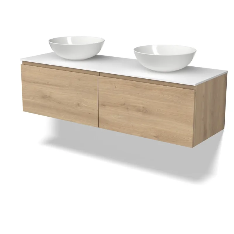 Voordeelprijs Modulo Plato Badkamermeubel voor waskom | 140 cm Lichtbruin eiken Greeploos front Solid surface blad 2 lades naast elkaar