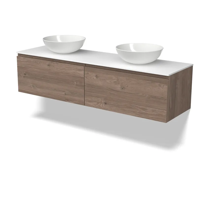Modulo Plato Badkamermeubel voor waskom | 160 cm Middenbruin eiken Greeploos front Solid surface blad 2 lades naast elkaar Koopje