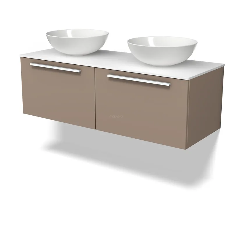 Modulo Plato Badkamermeubel voor waskom | 120 cm Taupe Vlak front Solid surface blad 2 lades naast elkaar Bestel Nu