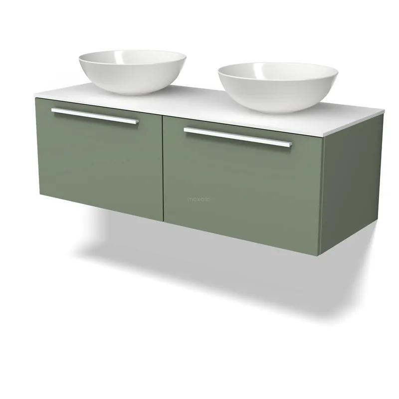 Modulo Plato Badkamermeubel voor waskom | 120 cm Saliegroen Vlak front Solid surface blad 2 lades naast elkaar Exclusief
