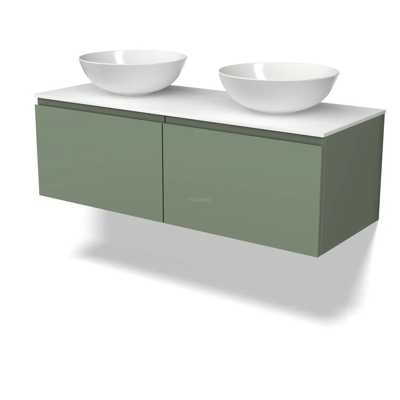 Modulo Plato Badkamermeubel voor waskom | 120 cm Saliegroen Greeploos front Solid surface blad 2 lades naast elkaar Uitverkoop