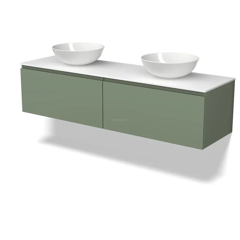 Modulo Plato Badkamermeubel voor waskom | 160 cm Saliegroen Greeploos front Solid surface blad 2 lades naast elkaar Uitverkoop