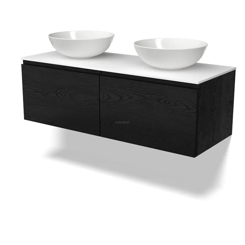 Modulo Plato Badkamermeubel voor waskom | 120 cm Zwart eiken Greeploos front Solid surface blad 2 lades naast elkaar Gecertificeerd