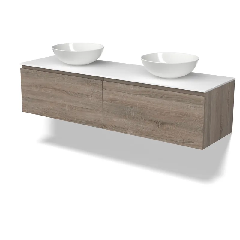 Beste Prijs Modulo Plato Badkamermeubel voor waskom | 160 cm Eiken Greeploos front Solid surface blad 2 lades naast elkaar