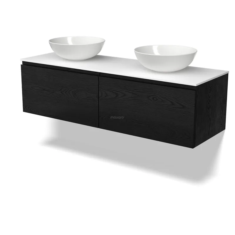 Wereldwijde Verzending Modulo Plato Badkamermeubel voor waskom | 140 cm Zwart eiken Greeploos front Solid surface blad 2 lades naast elkaar
