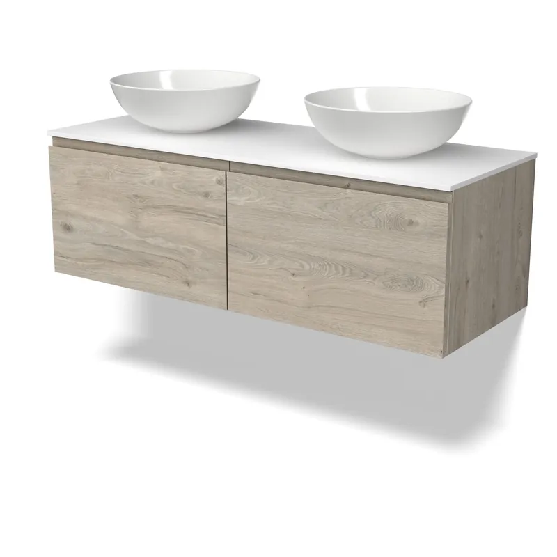 Modulo Plato Badkamermeubel voor waskom | 120 cm Lichtgrijs eiken Greeploos front Solid surface blad 2 lades naast elkaar Hete Deal