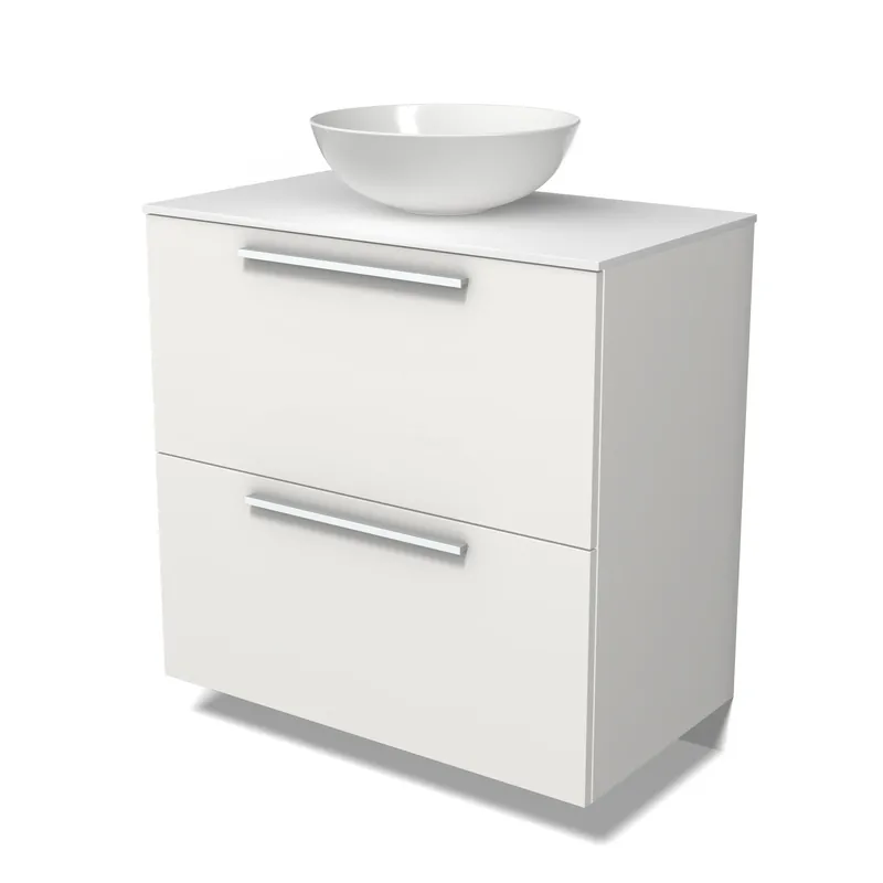 Lage Prijs Modulo Plato Badkamermeubel voor waskom | 80 cm Mat wit Vlak front Solid surface blad 2 hoge lades onder elkaar