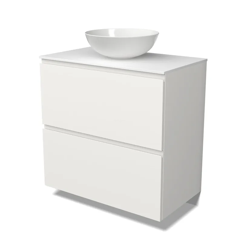Finale Uitverkoop Modulo Plato Badkamermeubel voor waskom | 80 cm Mat wit Greeploos front Solid surface blad 2 hoge lades onder elkaar
