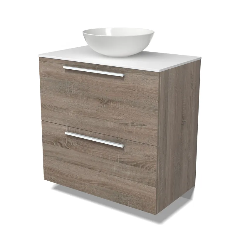 Handgemaakt Modulo Plato Badkamermeubel voor waskom | 80 cm Eiken Vlak front Solid surface blad 2 hoge lades onder elkaar