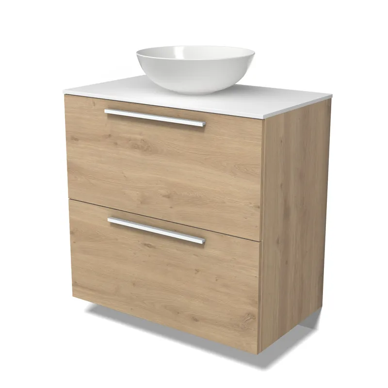 Gereduceerde Prijs Modulo Plato Badkamermeubel voor waskom | 80 cm Lichtbruin eiken Vlak front Solid surface blad 2 hoge lades onder elkaar