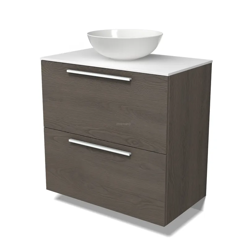 Modulo Plato Badkamermeubel voor waskom | 80 cm Donkerbruin eiken Vlak front Solid surface blad 2 hoge lades onder elkaar Nieuw Model