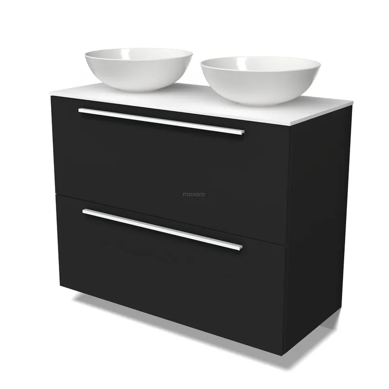 Modulo Plato Badkamermeubel voor waskom | 100 cm Mat zwart Vlak front Solid surface blad 2 hoge lades onder elkaar Bulkbestelling