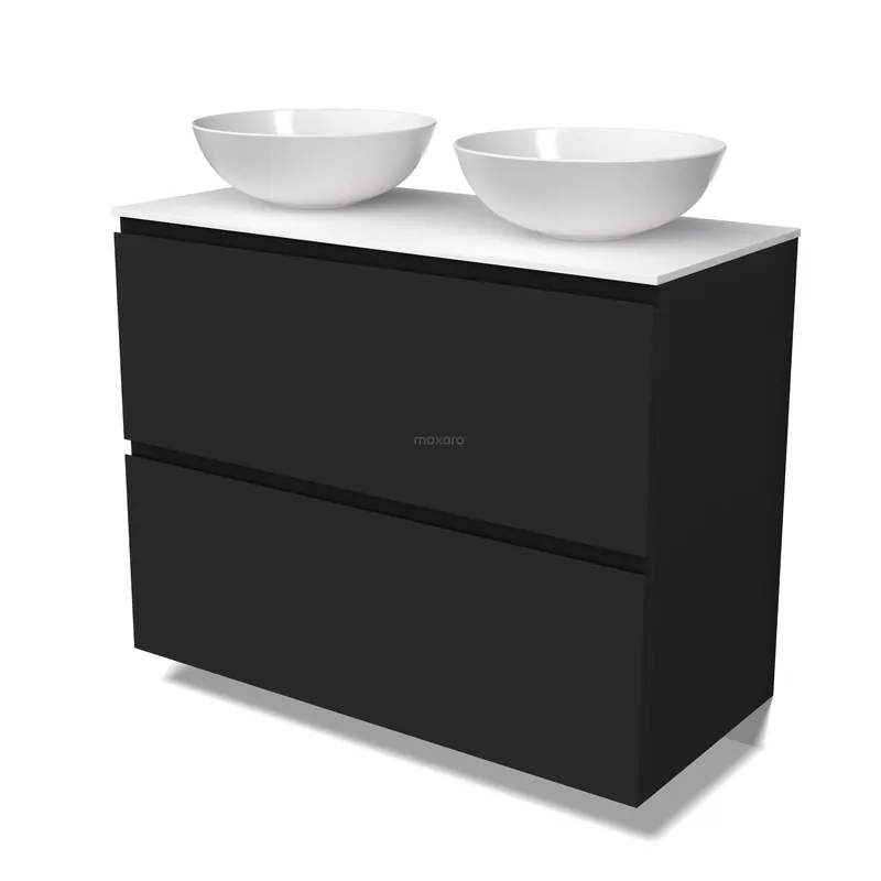 Modulo Plato Badkamermeubel voor waskom | 100 cm Mat zwart Greeploos front Solid surface blad 2 hoge lades onder elkaar Trendy