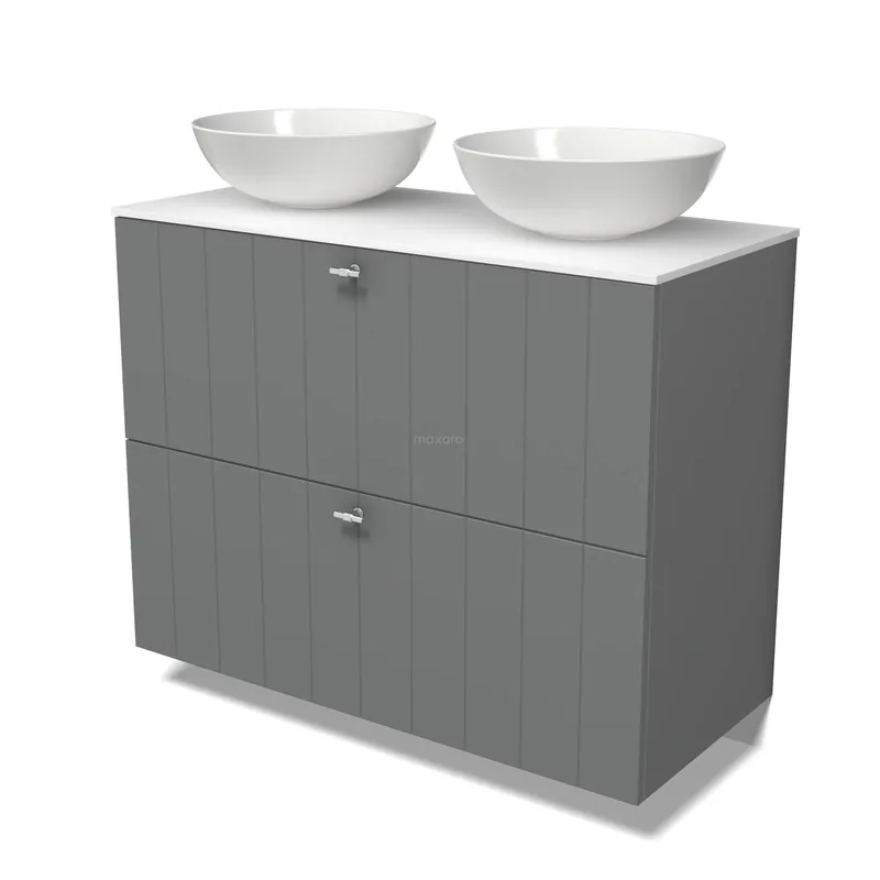 Ambachtelijk Modulo Plato Badkamermeubel voor waskom | 100 cm Middengrijs Lamel front Solid surface blad 2 hoge lades onder elkaar