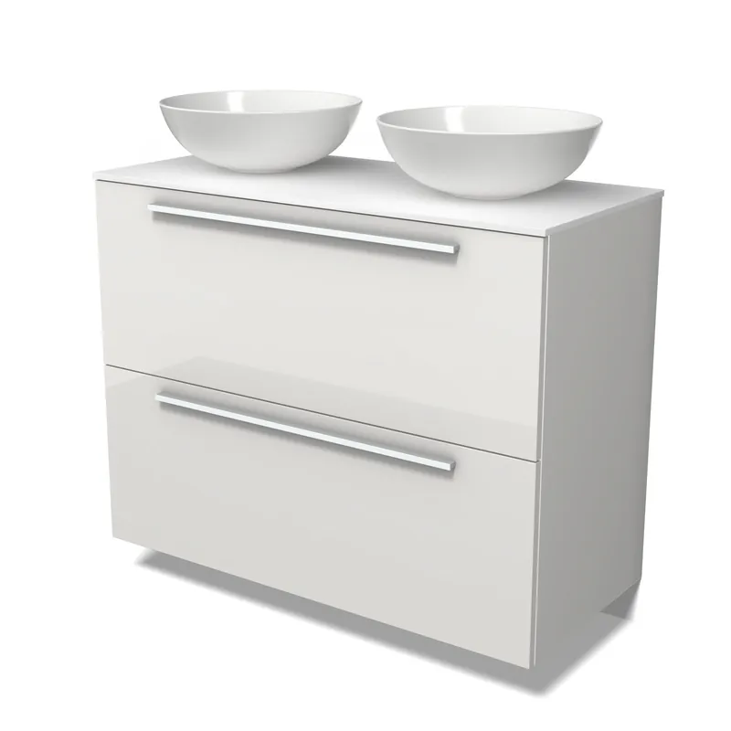 Snelle Levering Modulo Plato Badkamermeubel voor waskom | 100 cm Hoogglans wit Vlak front Solid surface blad 2 hoge lades onder elkaar