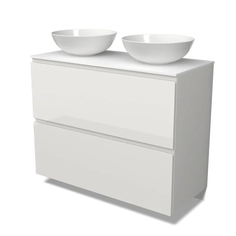 Modulo Plato Badkamermeubel voor waskom | 100 cm Hoogglans wit Greeploos front Solid surface blad 2 hoge lades onder elkaar Modern